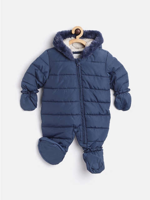 

Marks & Spencer Infant Boys Navy Blue Solid Hooded Padded Rompers with Faux Fur Trim