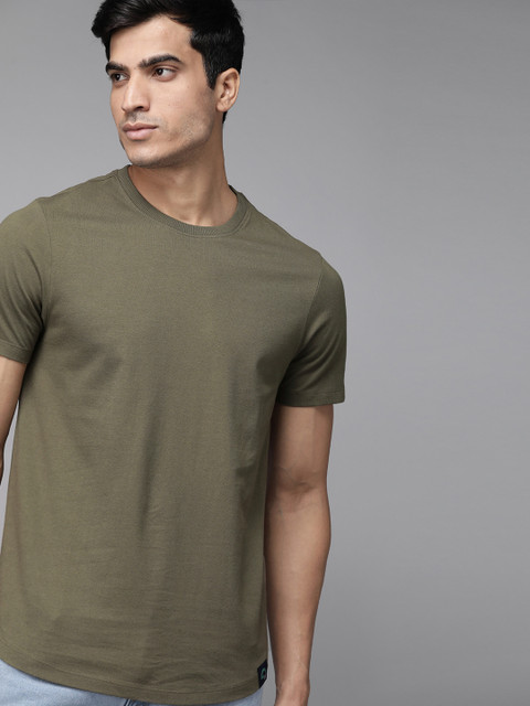 

Roadster Men Olive Green Solid Pure Cotton Green Turn Round Neck T-shirt