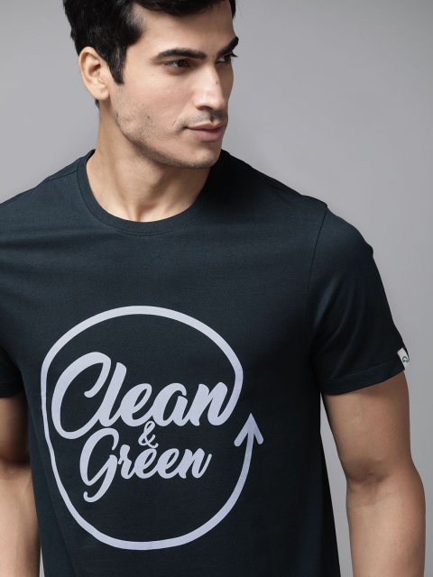 

The Roadster Lifestyle Co Men Navy Blue Printed Green Turn Round Neck Organic Cotton T-shirt