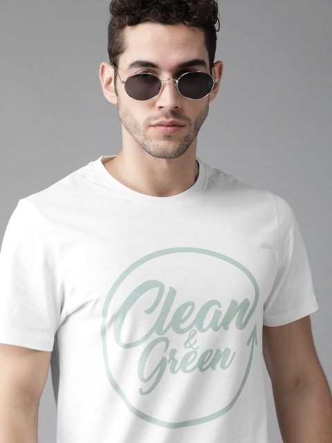 

Roadster Men White & Green Printed Pure Cotton Green Turn Round Neck T-shirt