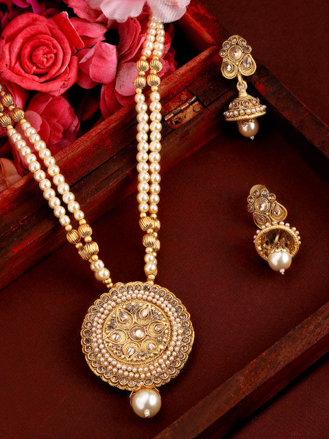

Rubans 24K Gold Plated Beige & Tan-Brown Beaded & Stone-Studded Jewellery Set