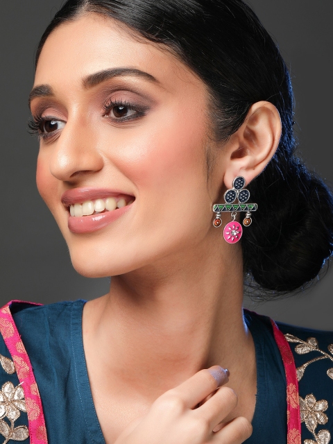 

Rubans Silver-Plated & Green Enamel Handpainted Contemporary Drop Earrings