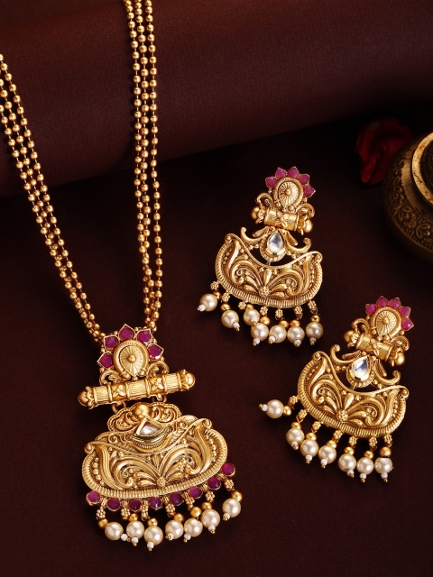 

Rubans 24K Gold-Plated Pink & Beige Stone-Studded & Beaded Handcrafted Jewellery Set