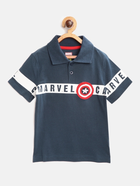 

YK Marvel Boys Navy Blue White Cotton Marvel Printed Polo Collar Pure Cotton T-shirt