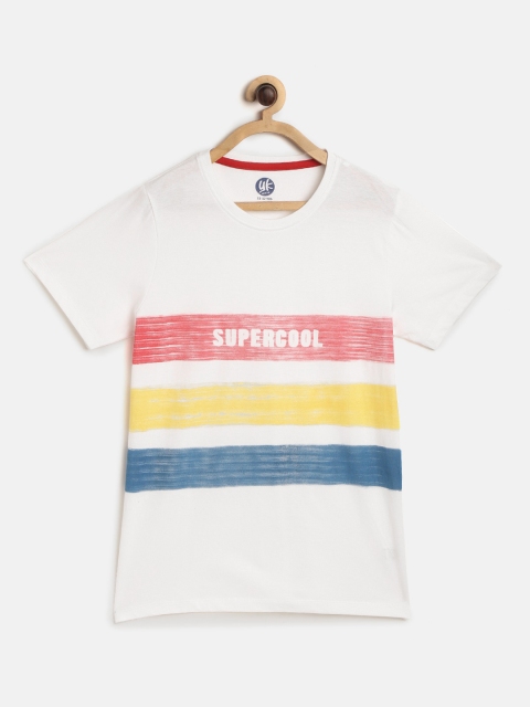 

YK Boys White & Mustard Yellow Striped Pure Cotton Round Neck T-shirt
