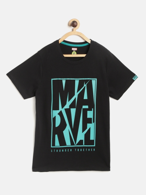 

YK Marvel Boys Black & Teal Green Typography Marvel Print Pure Cotton Round Neck T-shirt