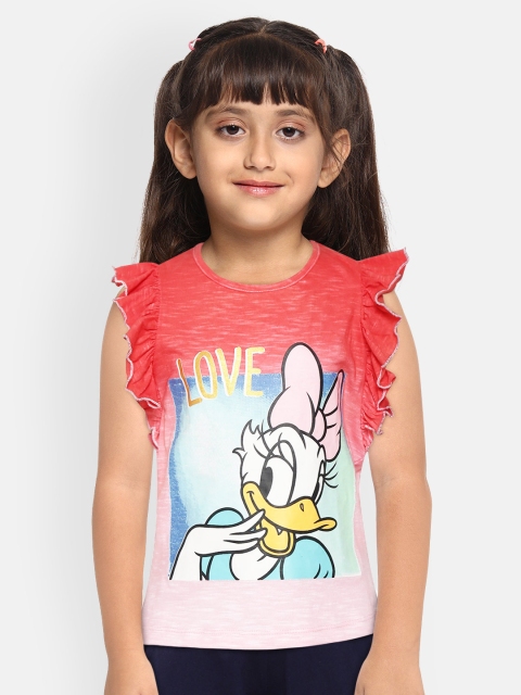 

YK Disney Pink & White Mickey & Friends Daisy Duck Print Pure Cotton Flutter Sleeves Top