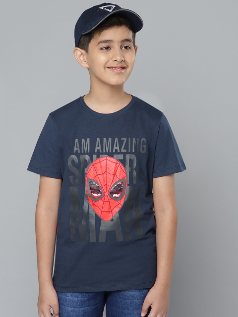 

YK Marvel Boys Navy Red Spiderman Print Pure Cotton T-shirt with Flip Sequin Detail, Navy blue