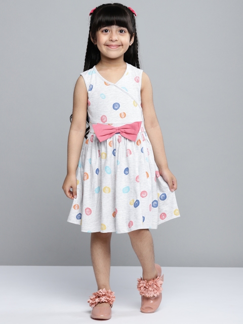 

YK Girls Grey Melange & Pink Polka Dots Print Knitted Fit and Flare Wrap Dress