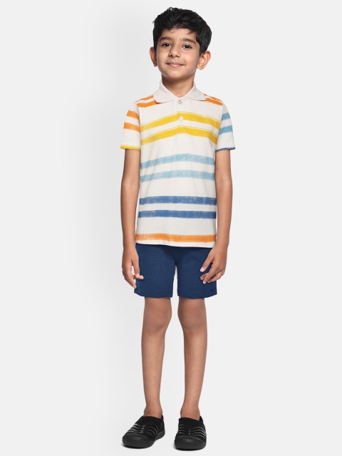 

YK Boys White & Navy Blue Pure Cotton Striped T-shirt with Solid Shorts