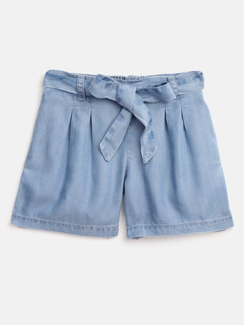 

YK Girls Blue Solid Regular Fit Pleated Shorts with Belt