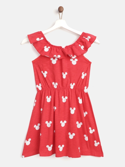

YK Disney Girls Red & White Mickey Mouse Print Pure Cotton A-Line Dress