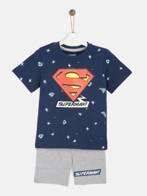 

YK Justice League Boys Navy Blue & Grey Superman Logo Printed T-shirt with Shorts