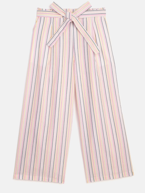 

YK Girls White & Pink Pure Cotton Regular Fit Striped Culottes With Belt