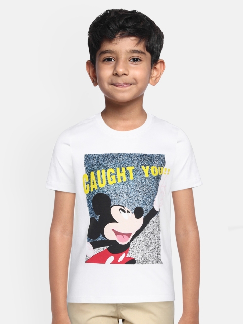 

YK Disney Boys White Navy Blue Mickey Mouse Print Round Neck Pure Cotton T-shirt