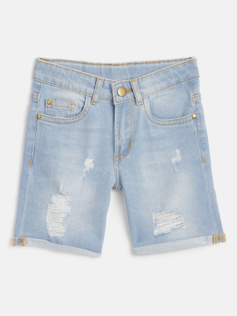 

YK Boys Blue Washed Regular Fit Ripped Denim Shorts