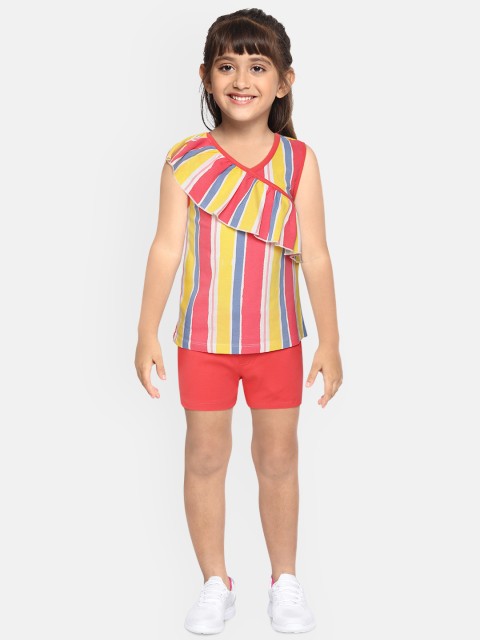 

YK Girls Yellow & Pink Striped Pure Striped Cotton Top with Solid Shorts