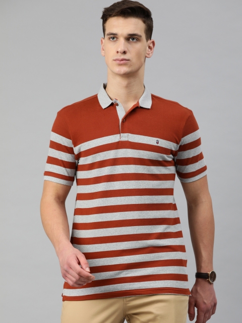 

Louis Philippe Sport Men Rust Orange & Grey Striped Polo Collar T-shirt