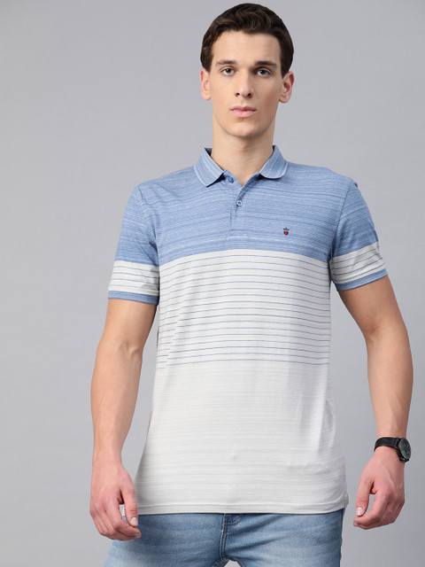 

Louis Philippe Sport Men Grey & Blue Striped Polo Collar T-shirt