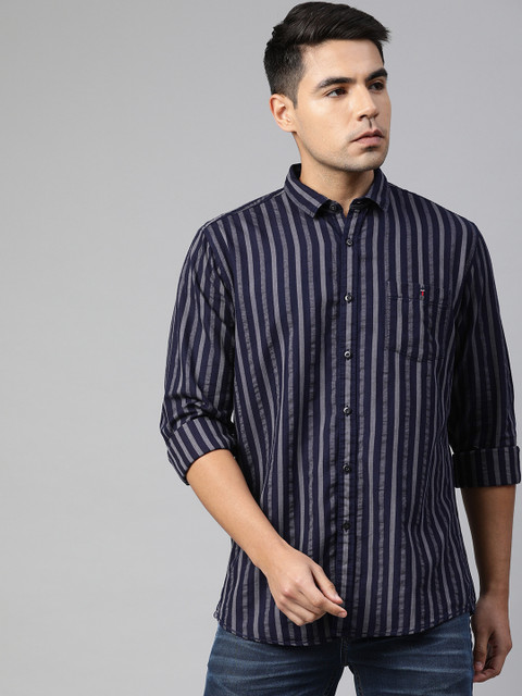 

Louis Philippe Jeans Men Navy Blue & White Striped Slim Fit Pure Cotton Shirt