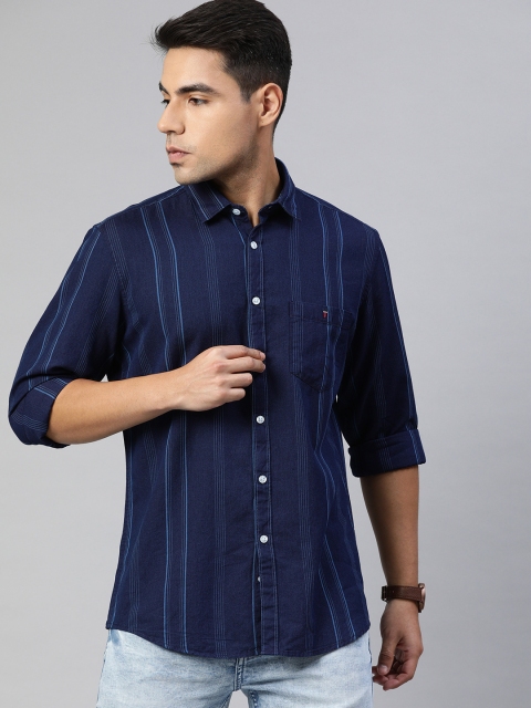 

Louis Philippe Jeans Men Navy Blue Slim Fit Striped Pure Cotton Casual Shirt