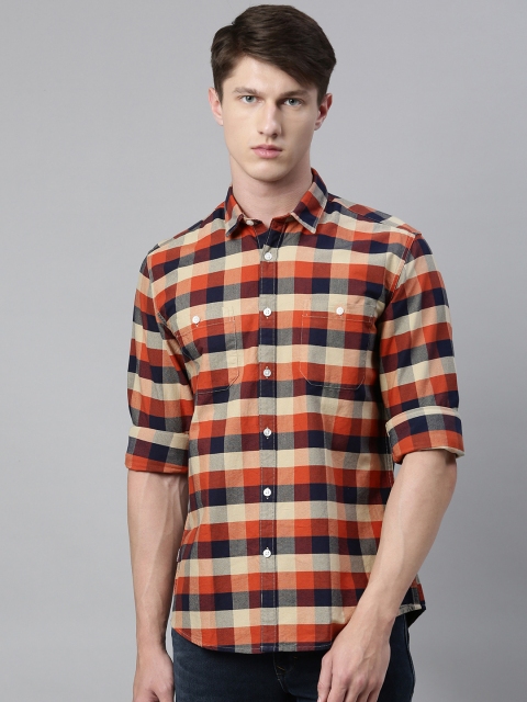 

Louis Philippe Jeans Men Orange & Navy Blue Slim Fit Checked Casual Shirt