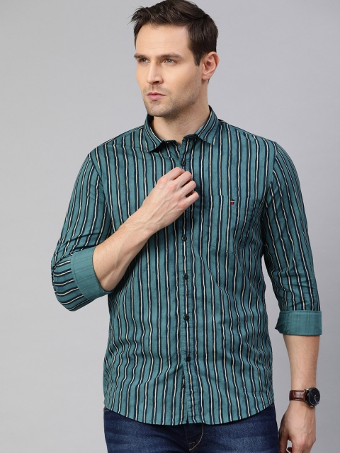 

Louis Philippe Jeans Men Teal Green & Navy Blue Super Slim Fit Striped Cotton Casual Shirt