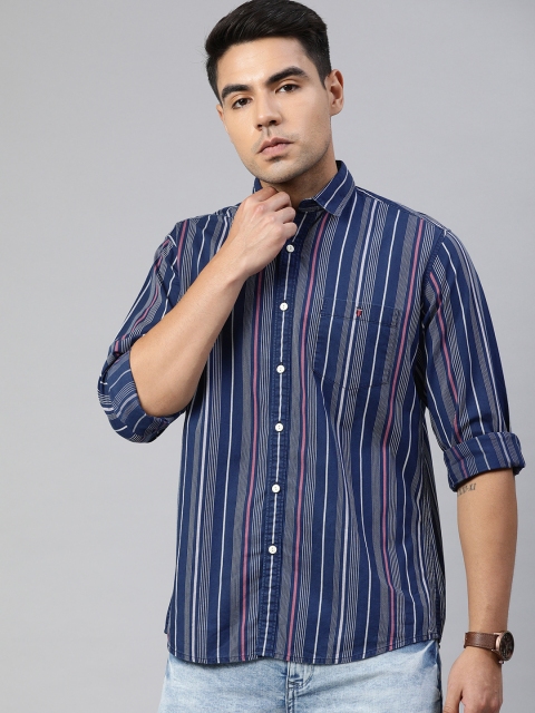 

Louis Philippe Jeans Men Navy Blue & White Slim Fit Striped Pure Cotton Casual Shirt