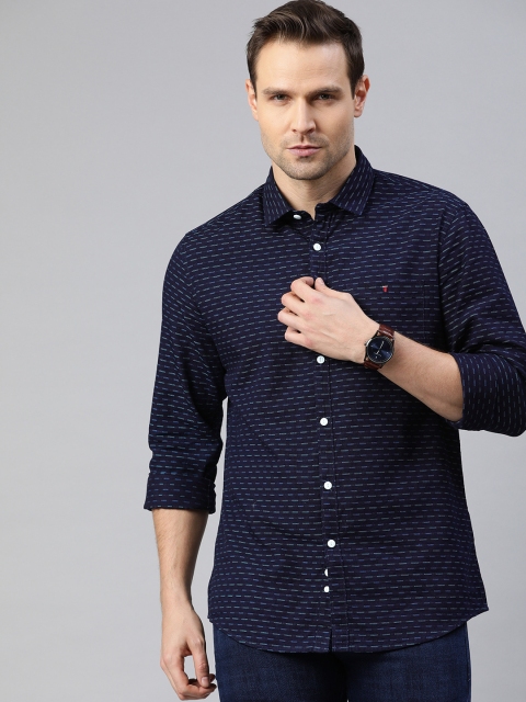 

Louis Philippe Jeans Men Navy Blue Slim Fit Striped Pure Cotton Casual Shirt