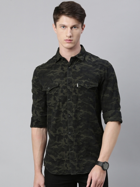

Louis Philippe Jeans Men Olive Green Slim Fit Camouflage Print Casual Shirt