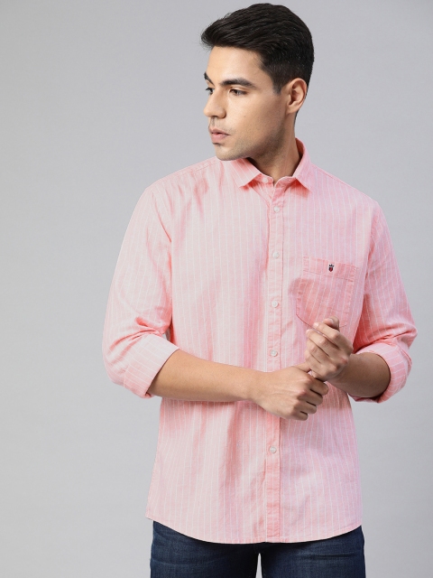 

Louis Philippe Jeans Men Peach-Coloured & White Slim Fit Striped Casual Shirt