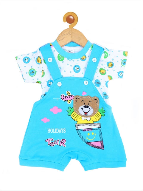 

ICABLE Infant Kids Sky-Blue & White Printed T-shirt with Dungarees