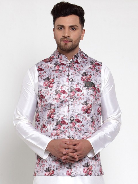 

Jompers Men Silver-Coloured & Pink Floral Printed Satin Nehru Jacket