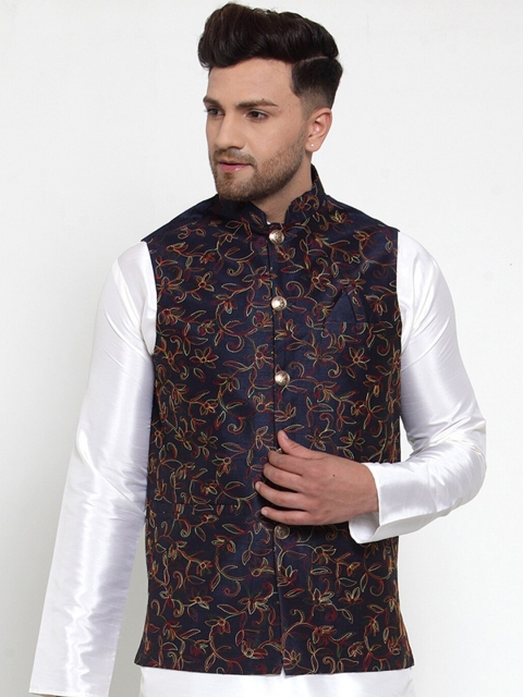 

Jompers Men Navy Blue Embroidered Regular Fit Nehru Jacket