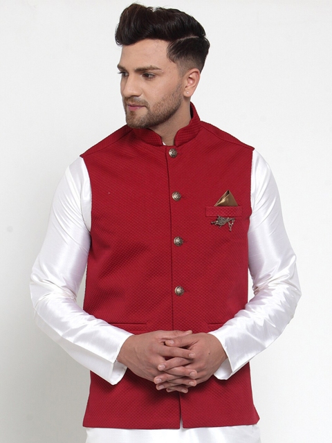 

Jompers Men Maroon Woven Design Nehru Jacket