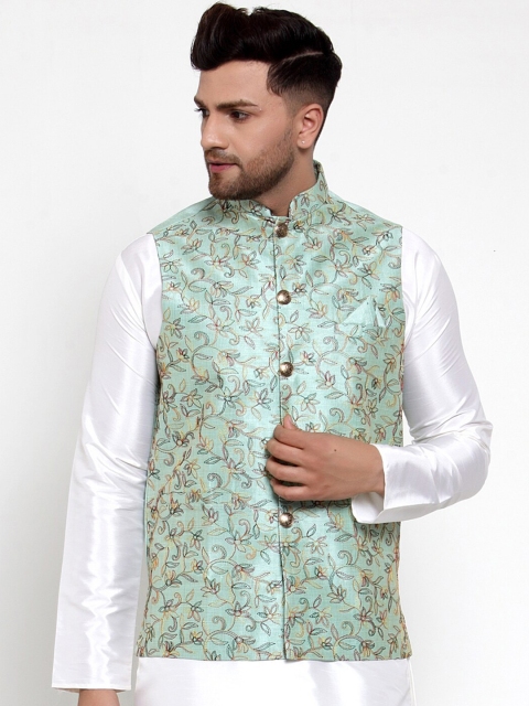 

Jompers Men Turquoise Blue Embroidered Regular Fit Nehru Jacket