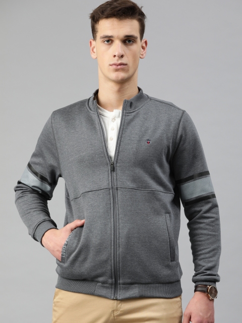 

Louis Philippe Sport Men Grey Solid Front-Open Sweatshirt With Striped Detail