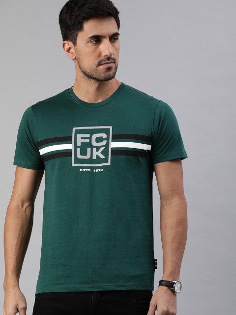 

French Connection Men Green Slim Fit Brand Logo Printed Round Neck Pure Cotton T-shirt