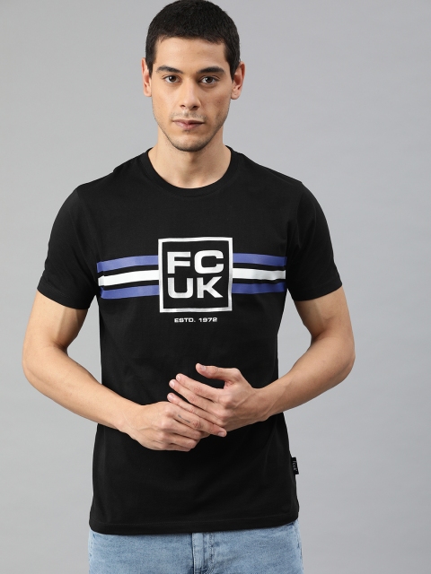 

French Connection Men Black Printed Round Neck Pure Cotton T-shirt