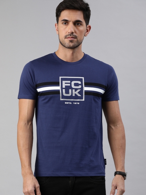

French Connection Men Navy Blue Slim Fit Brand Logo Printed Round Neck Pure Cotton T-shirt
