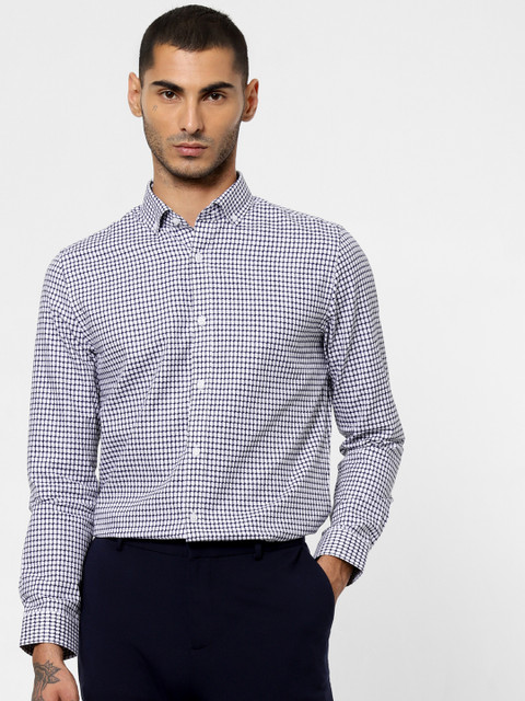 

Jack & Jones Men White & Navy Blue Slim Fit Self Design Casual Shirt