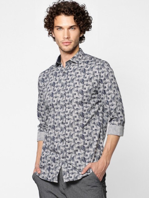 

Jack & Jones Men Grey & Navy Blue Slim Fit Geometric Printed Casual Shirt