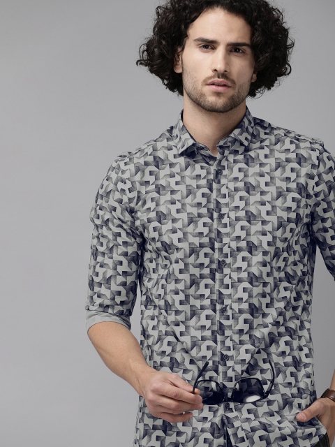 

Jack & Jones Men Navy Blue & Grey Slim Fit Printed Casual Shirt