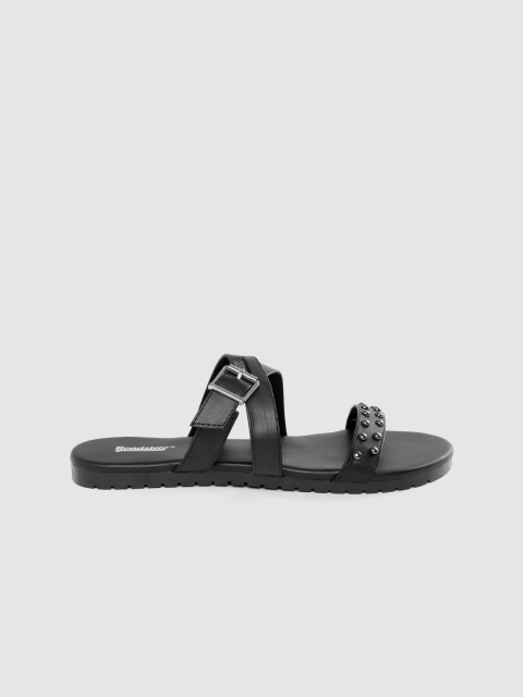 

The Roadster Lifestyle Co Women Black Studded Buckle Detail Open Toe Flats