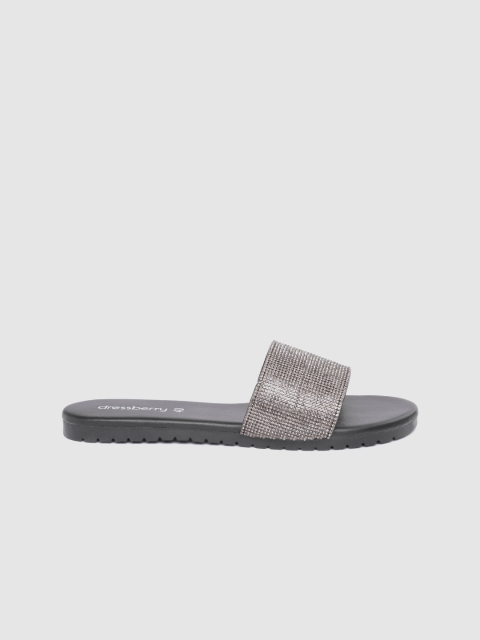 

DressBerry Women Gunmetal-Toned Stone-Studded Open Toe Flats, Metallic