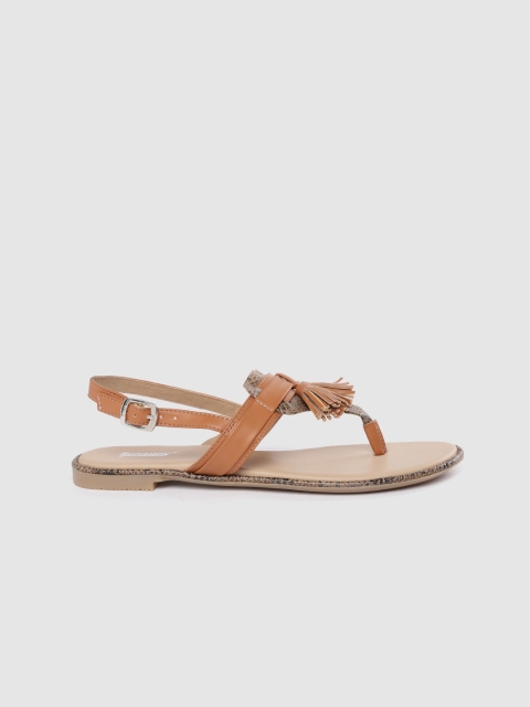 

The Roadster Lifestyle Co Women Tan Brown & Beige Snakeskin Textured T-Strap Flats with Tassels