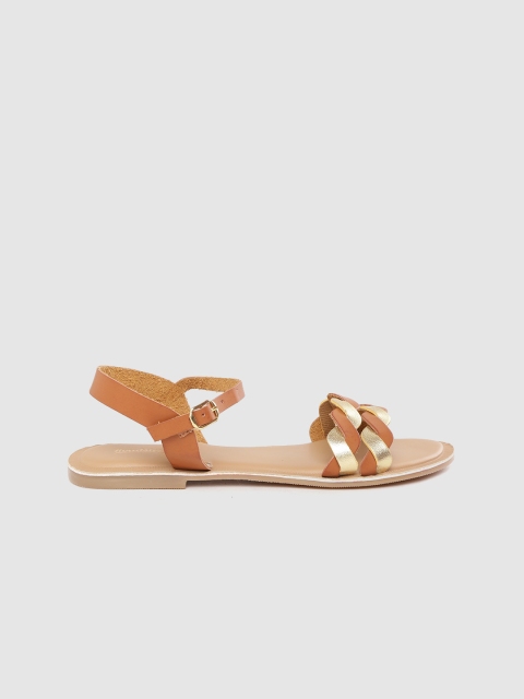 

The Roadster Lifestyle Co Women Tan Brown & Gold-Toned Braided Open Toe Flats