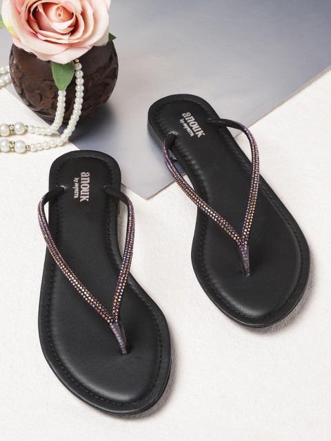 

Anouk Women Black & Pink Stone-Studded Open Toe Flats