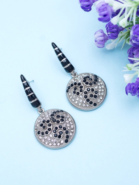 

Golden Peacock Black Silver-Plated Circular Drop Earrings