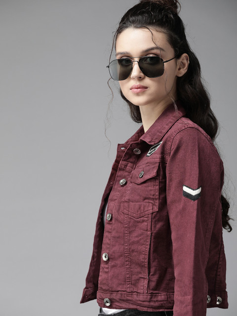 

Roadster Women Burgundy Solid Denim Jacket
